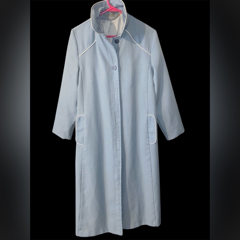 VINTAGE 60s 70s Powder Blue All Weather Coat // Retro Mod Trench with White Pipi